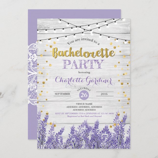 Lavender Bachelorette-partiets inbjudan till rusni (Fram/baksida)