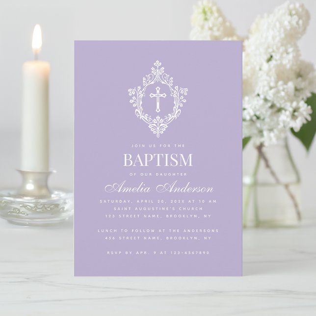 Lavender Baptism Cross Floral Crest Elegant Purple Inbjudningar (Skapare uppladdad)