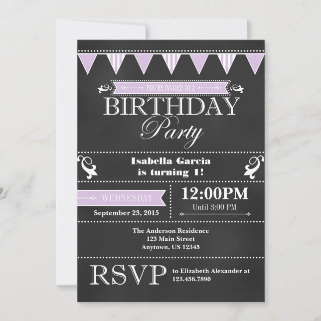 Lavender Black Chalkboard Birthday-inbjudan Inbjudningar (Framsida)