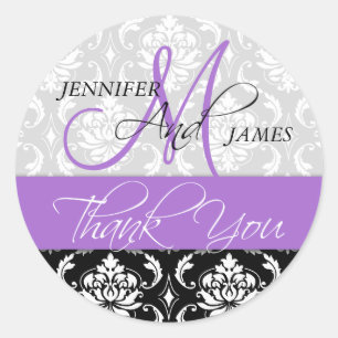 Lavender Black Damask Wedding-favoritmärke Runt Klistermärke