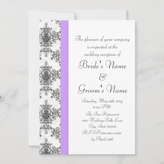 Lavender Black White Damask Wedding Reception Inbjudningar (Framsida)