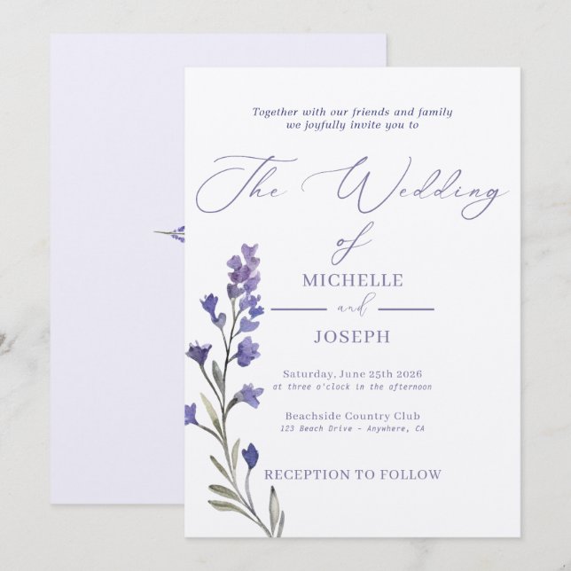 Lavender Bliss Elegant Watercolor Bröllop Inbjudningar (Fram/baksida)
