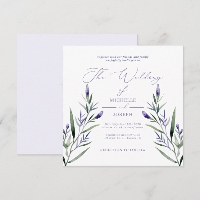 Lavender Bliss Elegant Watercolor Bröllop Inbjudningar (Fram/baksida)