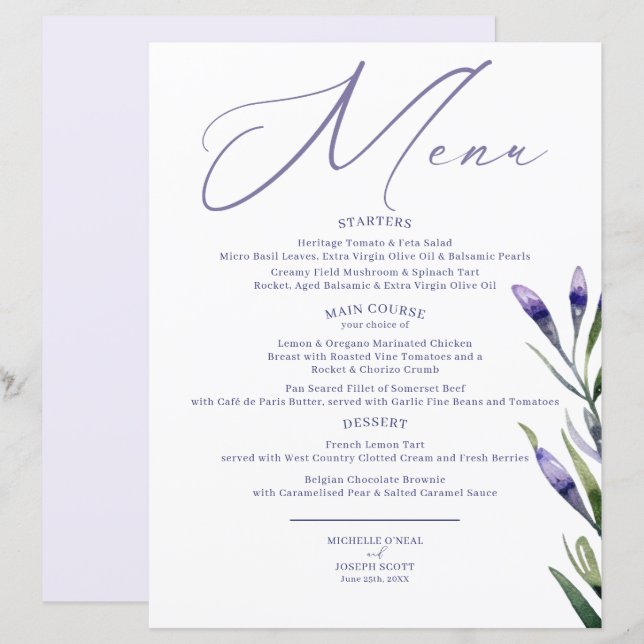 Lavender Bliss Elegant Watercolor Bröllop Menu (Fram/baksida)
