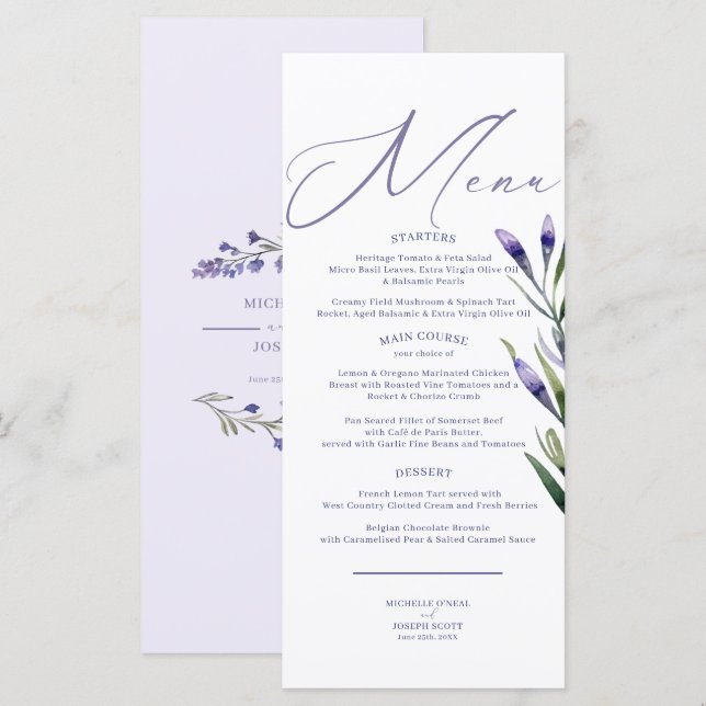 Lavender Bliss Elegant Watercolor Bröllop Menu Meny (Fram/baksida)