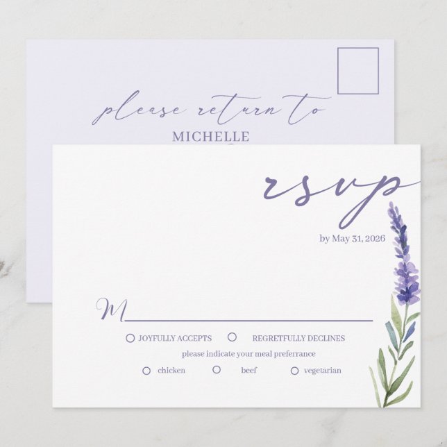Lavender Bliss Elegant Watercolor Bröllop OSA Inbjudningar (Fram/baksida)
