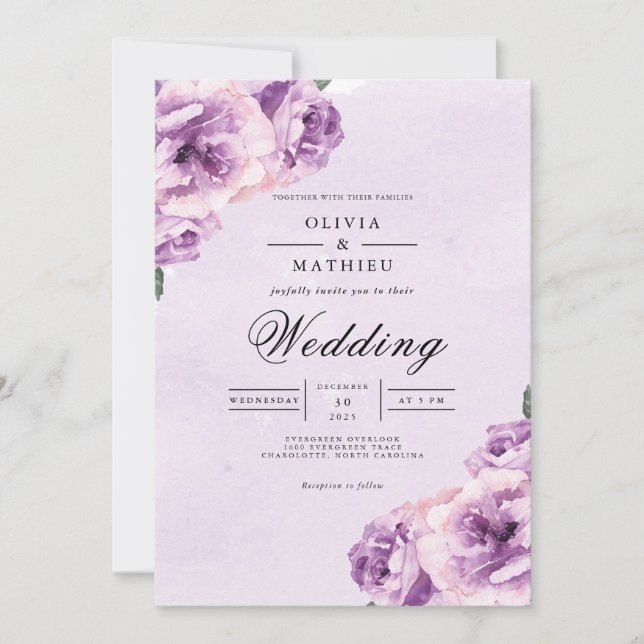 Lavender Blommar Romantic Bröllop Inbjudningar (Framsida)