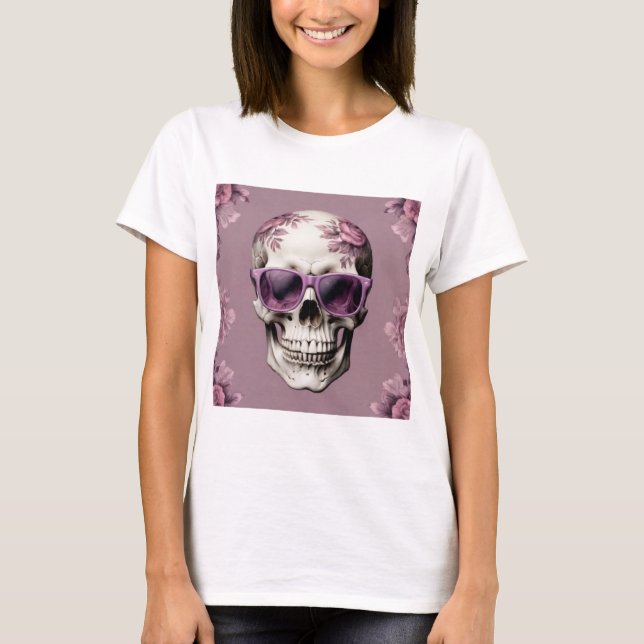 Lavender Blommigt 3D Dead Skull med solglasögon T Shirt (Framsida)
