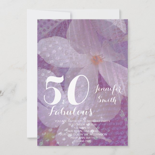 Lavender Blommigt 50 & Fabulous Birthday-inbjudan Inbjudningar (Framsida)