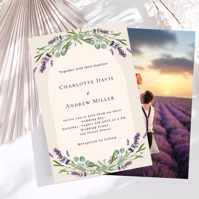 Lavender blommigt Arch-fotobeige bröllop Inbjudningar (Skapare uppladdad)