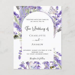 Lavender blommigt Arch white script bröllop invita Vykort