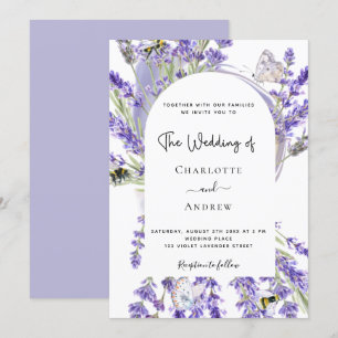 Lavender blommigt Arch White-skript bröllop Inbjudningar