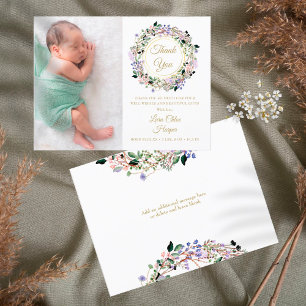 Lavender Blommigt Baby Photo Guld Tack Birth Meddelande Vykort