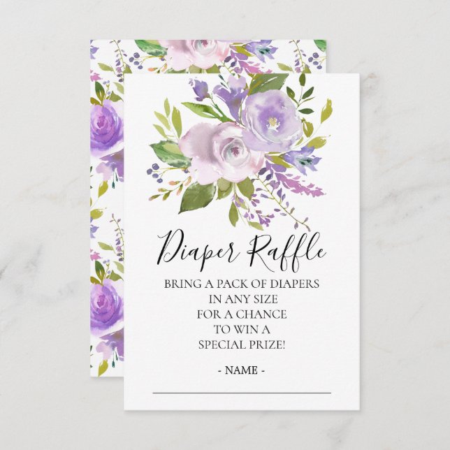 Lavender Blommigt Baby Shower Diaper Raffle Biljet Inbjudningar (Fram/baksida)