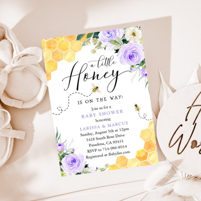 Lavender Blommigt Baby Shower för honungsbin Inbjudningar (Skapare uppladdad)