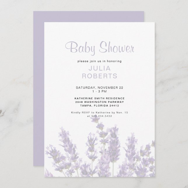 Lavender Blommigt Baby Shower Inbjudningar (Fram/baksida)