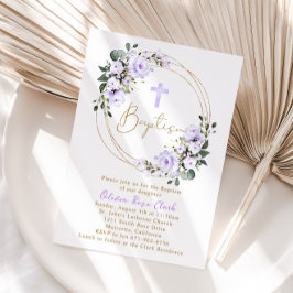 Lavender Blommigt Baptism Christening Guld Ram Inbjudningar