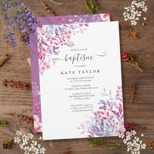 Lavender Blommigt Baptism Christening Inbjudningar (Lavender Floral Baptism Christening Invitation)