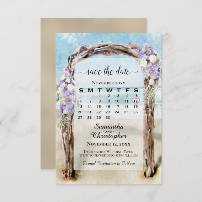 Lavender Blommigt Beach Arbor & Calendar Bröllop Spara Datumet (Fram/baksida)