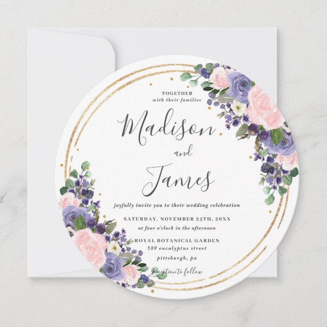  Lavender Blommigt Bröllop Guld Glitter Circle Inbjudningar (Framsida)