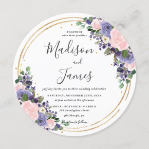 Lavender Blommigt Bröllop Guld Glitter Circle Inbjudningar