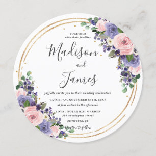 Lavender Blommigt Bröllop Guld Glitter Circle Inbjudningar