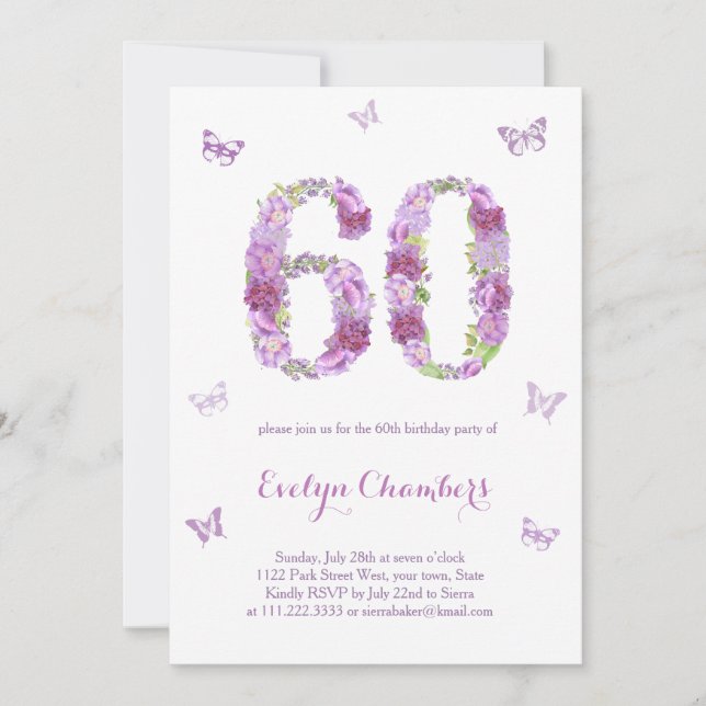 Lavender Blommigt Butterfly 60:e Födelsedagsfesten Inbjudningar (Framsida)