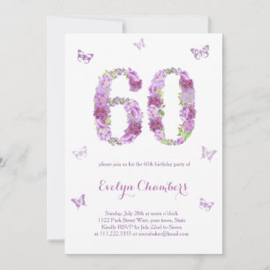 Lavender Blommigt Butterfly 60:e Födelsedagsfesten Inbjudningar