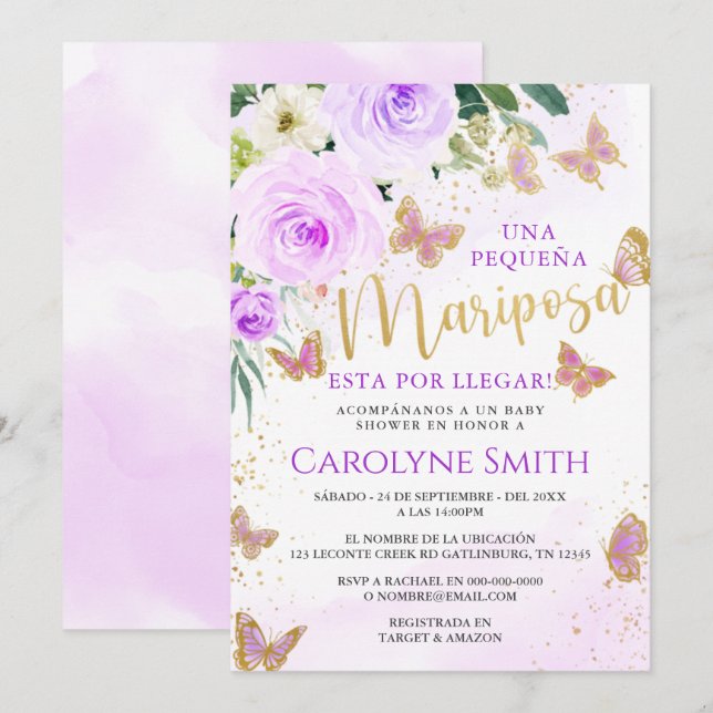 Lavender Blommigt Butterfly Baby Shower Inbjudan G (Fram/baksida)