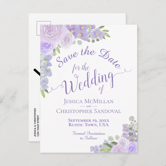 Lavender Blommigt Calligraphy Bröllop spara datum Meddelande Vykort (Fram/baksida)