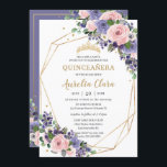Lavender  Blommigt Geometric 16th Quinceañera Inbjudningar<br><div class="desc">Den här inbjudan till elegant innehåller en vacker  rosa,  arrangemang blommigt med lavender-vattenfärg,  guld-geometrisk ram och guld glitter. Anpassa den enkelt och snabbt med dina detaljer genom att helt enkelt trycka på anpassningsknappen för att ytterligare ordna om och formatera stil och placera texten. c) Lycklig Cat Studio</div>