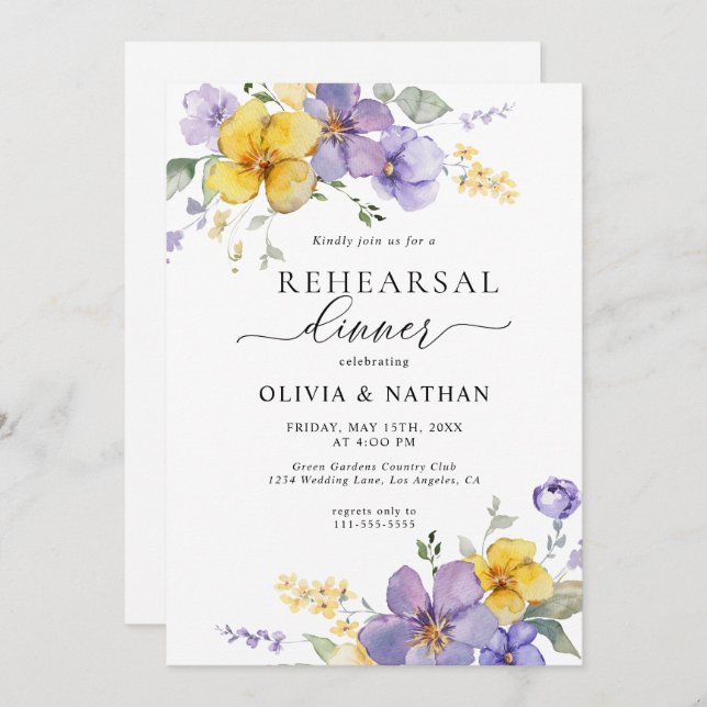 Lavender Blommigt Golden Gult Rehearsal Dinner Inbjudningar (Fram/baksida)