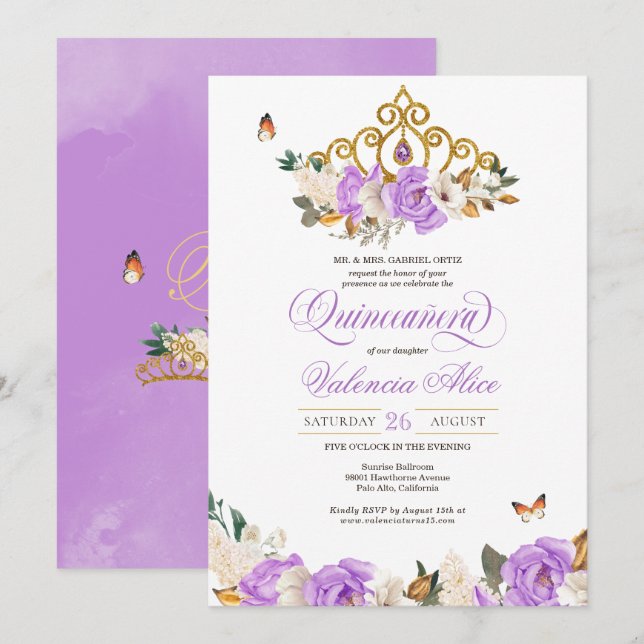Lavender Blommigt Guld Tiara Butterfly Quinceanera Inbjudningar (Fram/baksida)