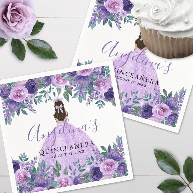 Lavender Blommigt Lila Quinceanera Pappersservett (Lavender Floral Purple Quinceanera Napkins )