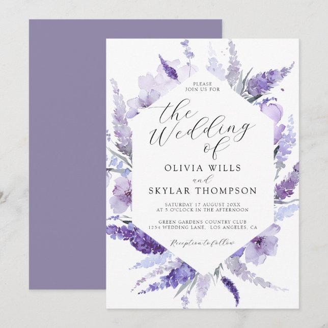 Lavender Blommigt Lilac Botanical Mauve Bröllop Inbjudningar (Fram/baksida)