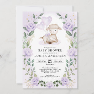Lavender Blommigt Little Lamb Baby Sheep Shoep Inbjudningar
