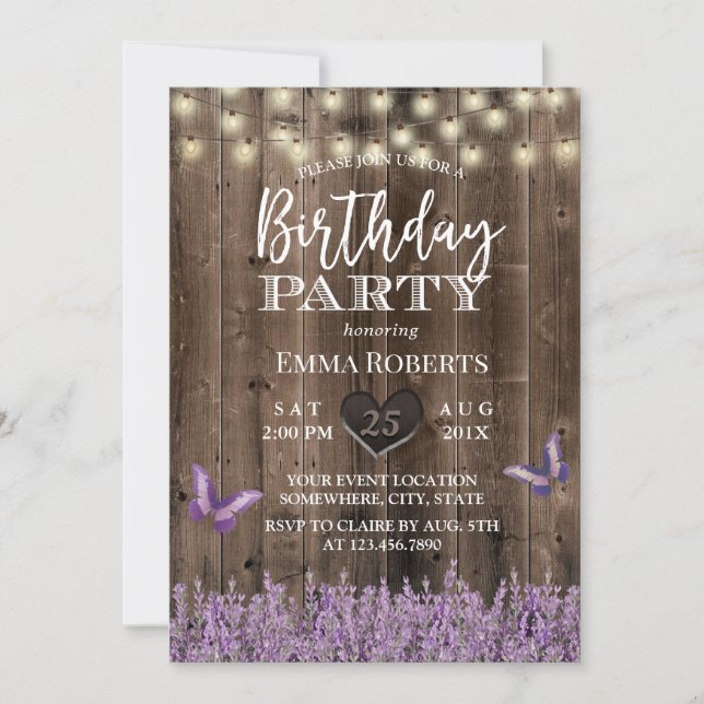 Lavender Blommigt Rustic Barn Wood Birthday Inbjudningar (Framsida)