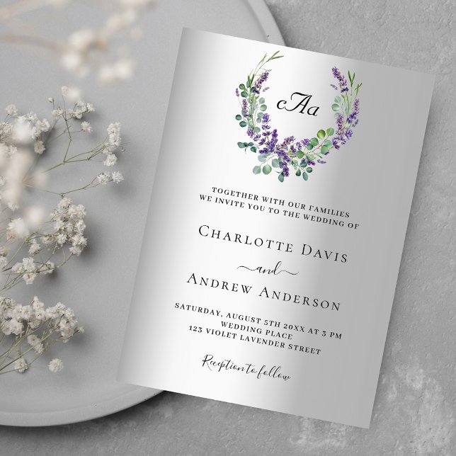 Lavender blommigt silver monogram bröllop lyx inbjudningar (Skapare uppladdad)
