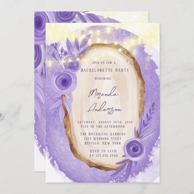 Lavender Blommigt String of Light Bachelorette Par Inbjudningar (Fram/baksida)