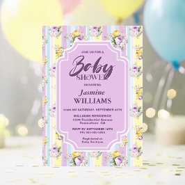 Lavender Blommigt Stripe Baby Shower Inbjudningar