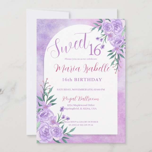 Lavender Blommigt Sweet 16 Birthday-inbjudan Inbjudningar (Framsida)