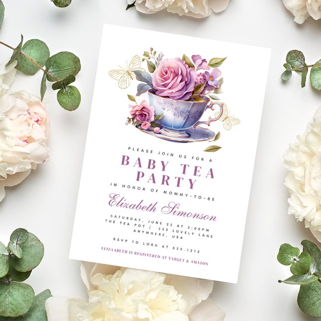 Lavender Blommigt Tea Kopp Baby Tea Party Baby Sho Inbjudningar (Lavender Floral Tea Cup Baby Tea Party Baby Shower Invitation #babyteaparty #babyshowerteaparty
)