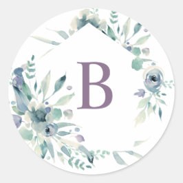 Lavender Blommigt Vattenfärgsutandning Monogram Runt Klistermärke