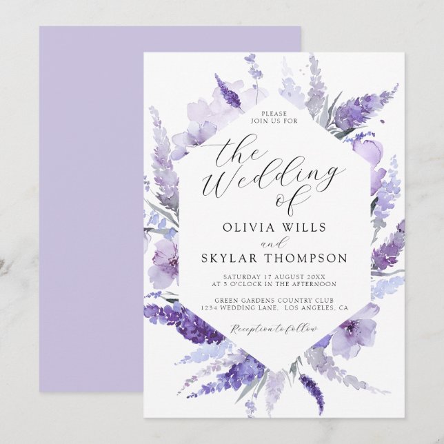 Lavender Blommigt Watercolor Botanical Boho Bröllo Inbjudningar (Fram/baksida)