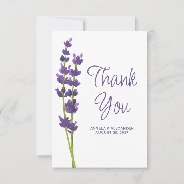 Lavender Blommigt Watercolor Bröllop Tack Kort (Framsida)