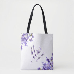 Lavender blommigtar violet skript namn bröllop tygkasse