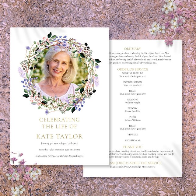 Lavender-Blommigtens fotoflödesordning Program (Lavender Floral Photo Funeral Order Of Service Program)