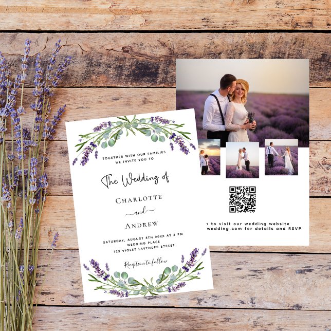 Lavender blommigts fotokollage QR OSA bröllop Inbjudningar (Skapare uppladdad)