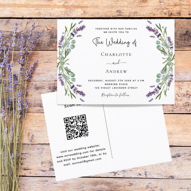 Lavender blommigts greenery QR code OSA bröllop Inbjudan Vykort (Skapare uppladdad)
