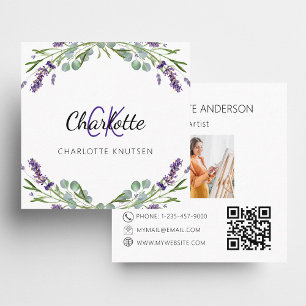 Lavender-blommor violett monogram, bild QR-kod Fyrkantigt Visitkort